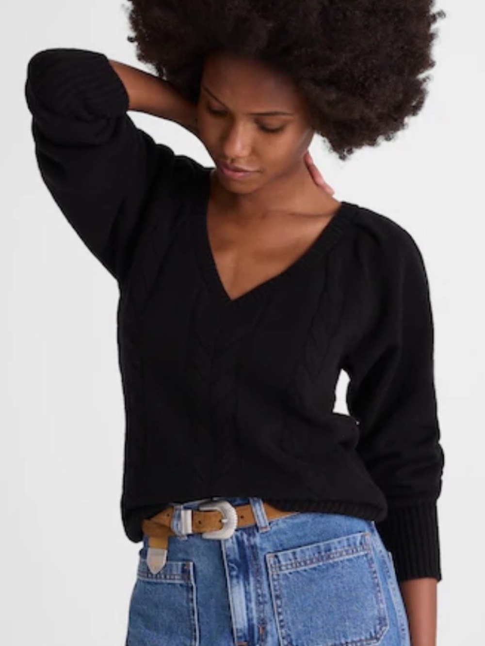 Madewell Merino Wool Cable-Stitch V-Neck Black Sweater Medium